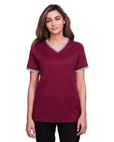 Devon & Jones Dg20cw Ladies’ Crownlux Performance Plaited Tipped V-neck Polo - Burgundy White