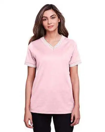 Devon & Jones Dg20cw Ladies’ Crownlux Performance Plaited Tipped v Neck Polo Pink White