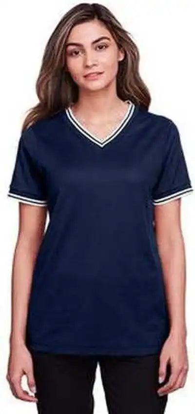 Devon & Jones Dg20cw Ladies’ Crownlux Performance Plaited Tipped V-neck Polo - Navy White