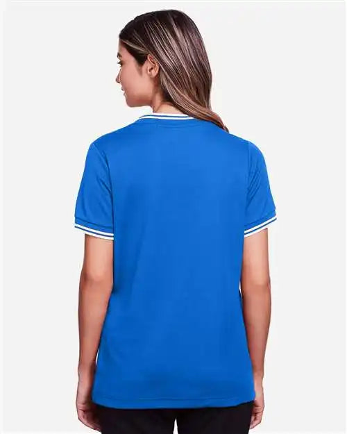 Devon &amp; Jones Dg20cw Women’s Crownlux Performance® Plaited Tipped V-neck Shirt - French Blue White