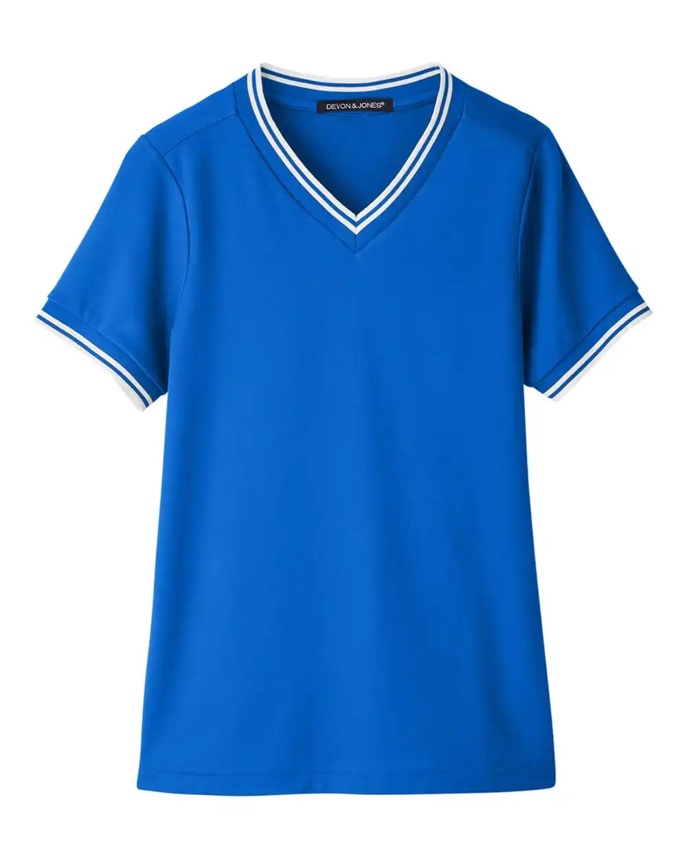 Devon & Jones Dg20cw Women’s Crownlux Performance® Plaited Tipped V-neck Shirt - French Blue White - Blue/ / Xs