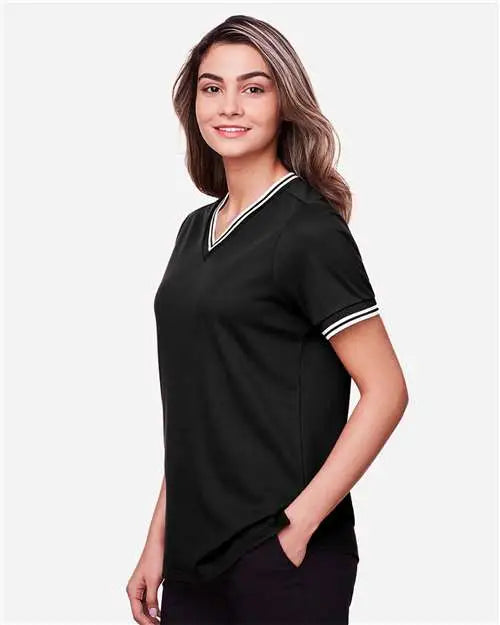 Devon & Jones Dg20cw Women's Crownlux PerformanceÂ® Plaited Tipped V-neck Shirt - Black White