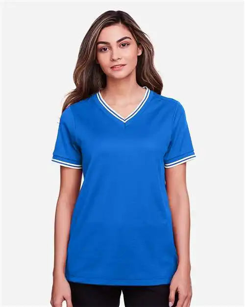Devon &amp; Jones Dg20cw Women’s Crownlux Performance® Plaited Tipped V-neck Shirt - French Blue White