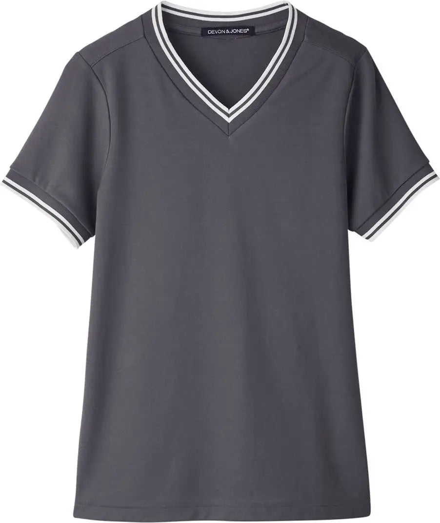 Devon & Jones Dg20cw Women’s Crownlux Performanceâ Plaited Tipped V-neck Shirt - Graphite White