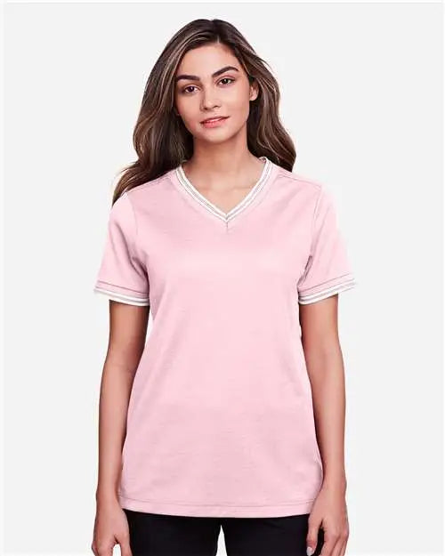 Devon & Jones Dg20cw Women’s Crownlux Performanceâ Plaited Tipped V-neck Shirt - Pink White