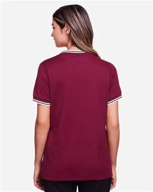 Devon & Jones Dg20cw Women’s Crownlux Performanceâ Plaited Tipped V-neck Shirt - Burgundy White