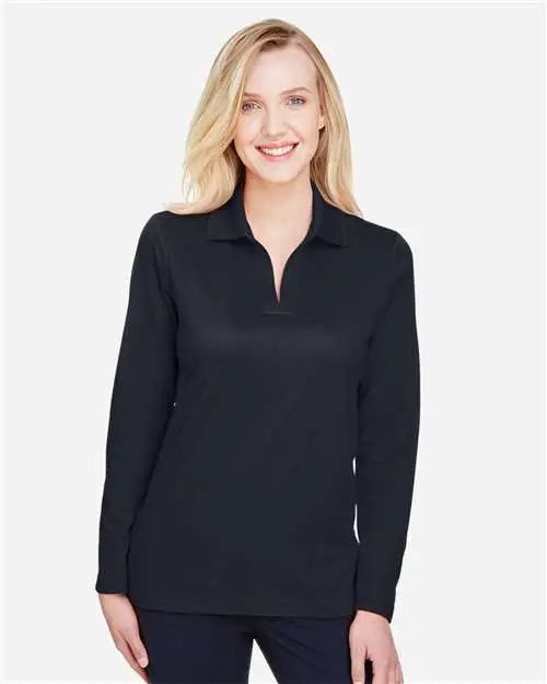 Devon & Jones Dg20lw Women's Crownlux PerformanceÂ® Plaited Long Sleeve Polo - Black