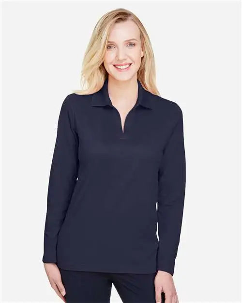 Devon & Jones Dg20lw Women’s Crownlux Performanceâ Plaited Long Sleeve Polo - Navy