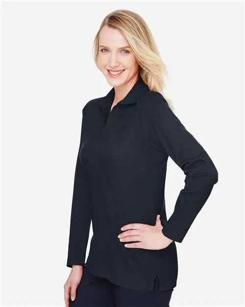 Devon & Jones Dg20lw Women’s Crownlux Performanceâ Plaited Long Sleeve Polo - Black