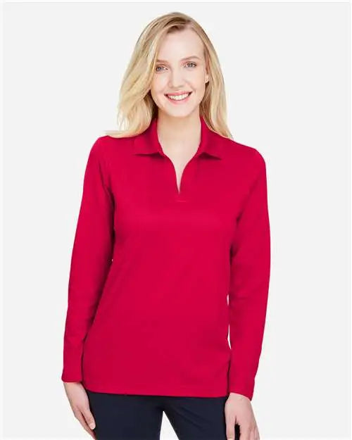 Devon & Jones Dg20lw Women’s Crownlux Performanceâ Plaited Long Sleeve Polo - Red