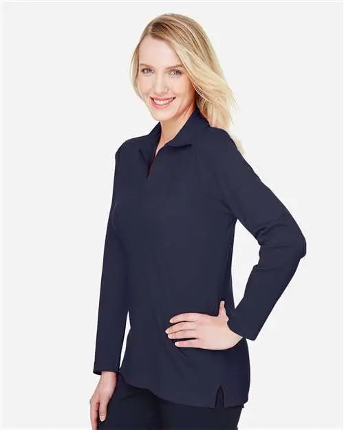Devon & Jones Dg20lw Women’s Crownlux Performanceâ Plaited Long Sleeve Polo - Navy