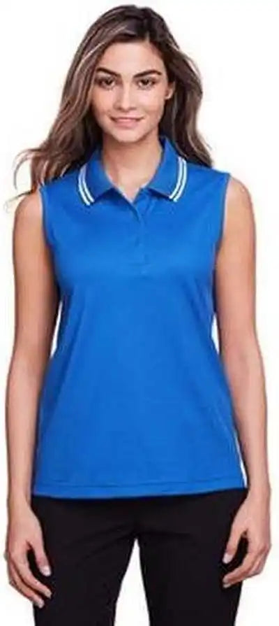 Devon & Jones Dg20sw Ladies’ Crownlux Performance Plaited Tipped Sleeveless Polo French Blue White