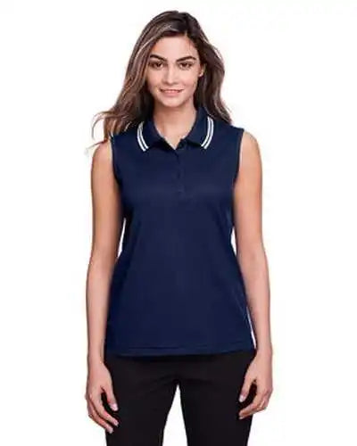 Devon & Jones Dg20sw Ladies’ Crownlux Performance Plaited Tipped Sleeveless Polo Navy White