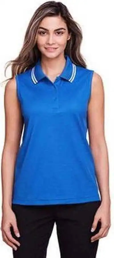 Devon & Jones Dg20sw Ladies’ Crownlux Performance Plaited Tipped Sleeveless Polo French Blue White