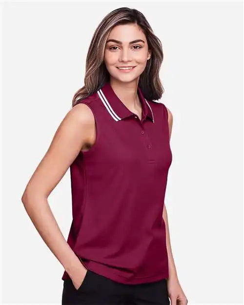 Devon &amp; Jones Dg20sw Women’s Crownlux Performance® Plaited Tipped Sleeveless Polo - Burgundy White