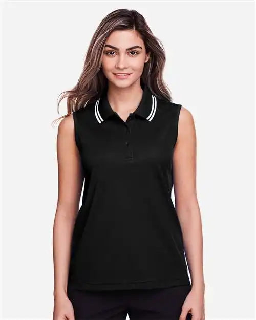 Devon &amp; Jones Dg20sw Women’s Crownlux Performance® Plaited Tipped Sleeveless Polo - Black White
