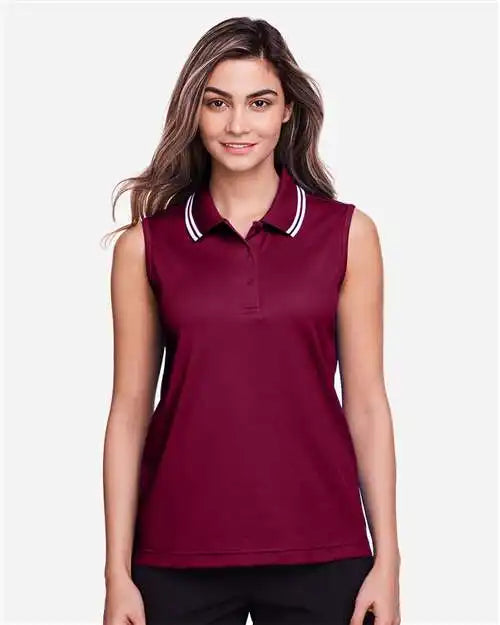 Devon &amp; Jones Dg20sw Women’s Crownlux Performance® Plaited Tipped Sleeveless Polo - Burgundy White