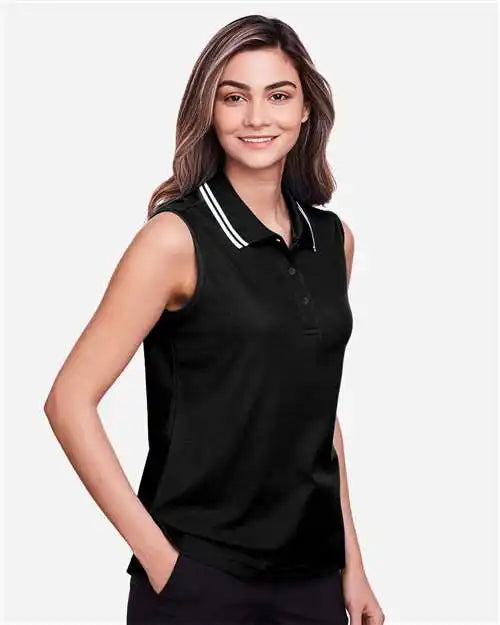 Devon &amp; Jones Dg20sw Women’s Crownlux Performance® Plaited Tipped Sleeveless Polo - Black White