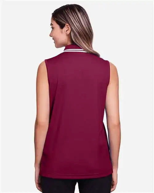 Devon &amp; Jones Dg20sw Women’s Crownlux Performance® Plaited Tipped Sleeveless Polo - Burgundy White