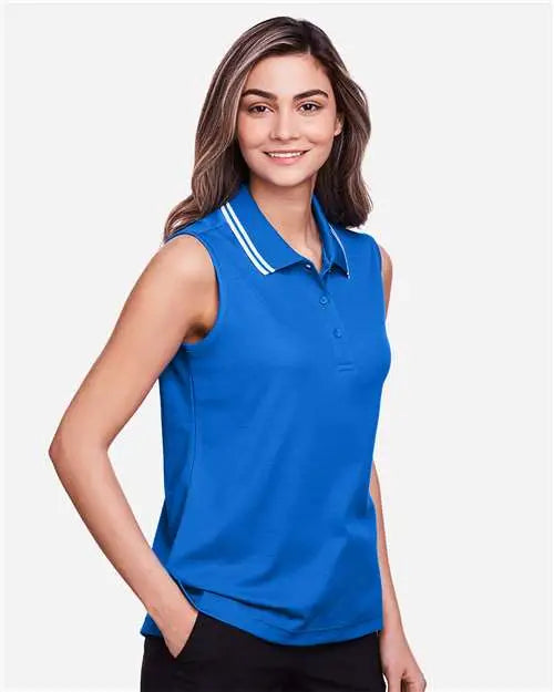 Devon & Jones Dg20sw Women’s Crownlux Performanceâ Plaited Tipped Sleeveless Polo - French Blue White