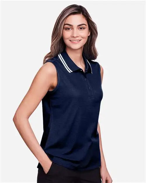 Devon & Jones Dg20sw Women’s Crownlux Performanceâ Plaited Tipped Sleeveless Polo - Navy White