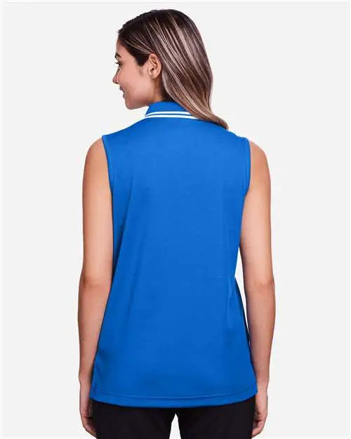 Devon & Jones Dg20sw Women’s Crownlux Performanceâ Plaited Tipped Sleeveless Polo - French Blue White