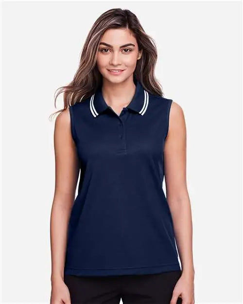 Devon & Jones Dg20sw Women’s Crownlux Performanceâ Plaited Tipped Sleeveless Polo - Navy White