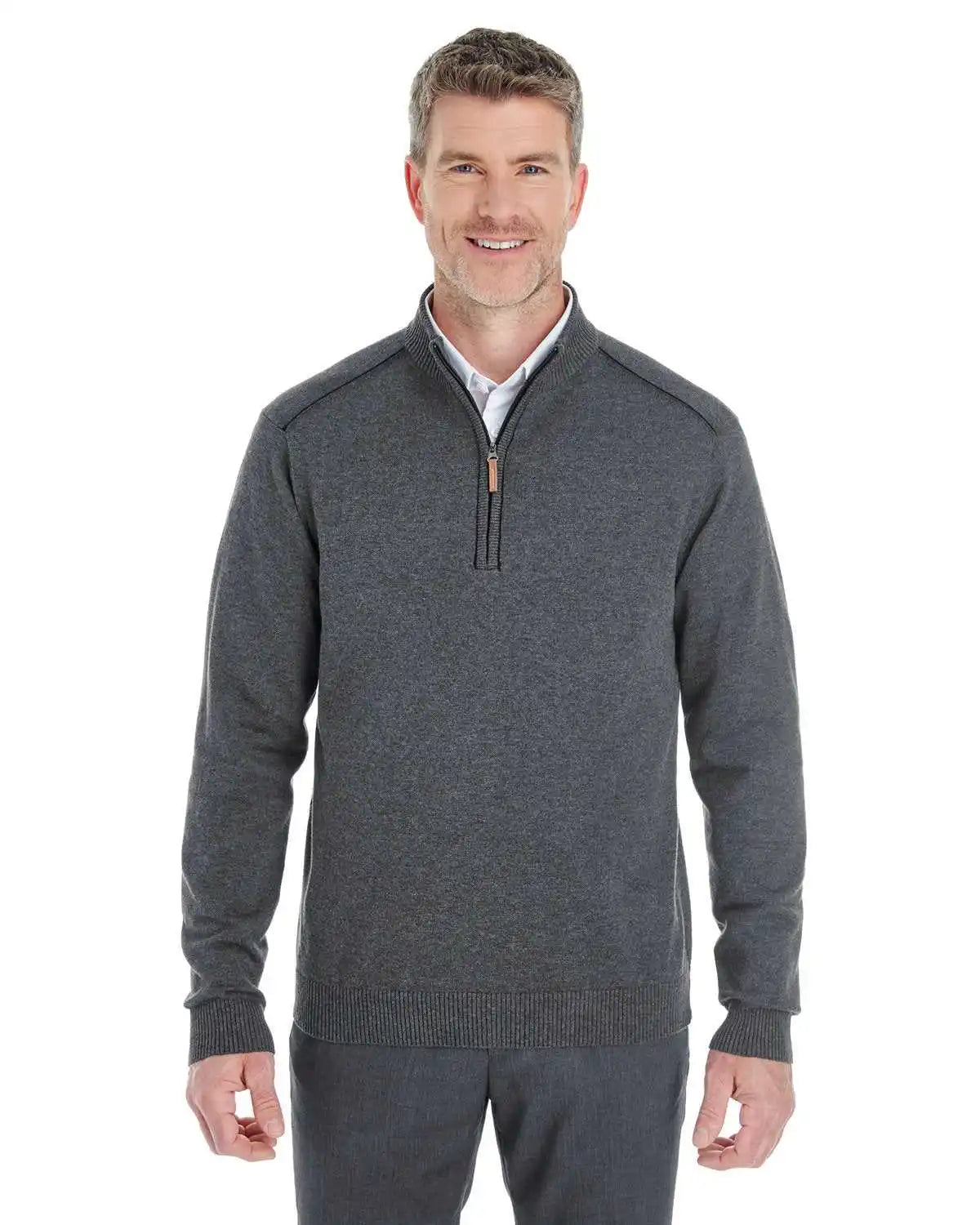 Devon &amp; Jones Dg478 Men’s Manchester Fully-fashioned Quarter-zip Sweater - Dark Gray Heather Black