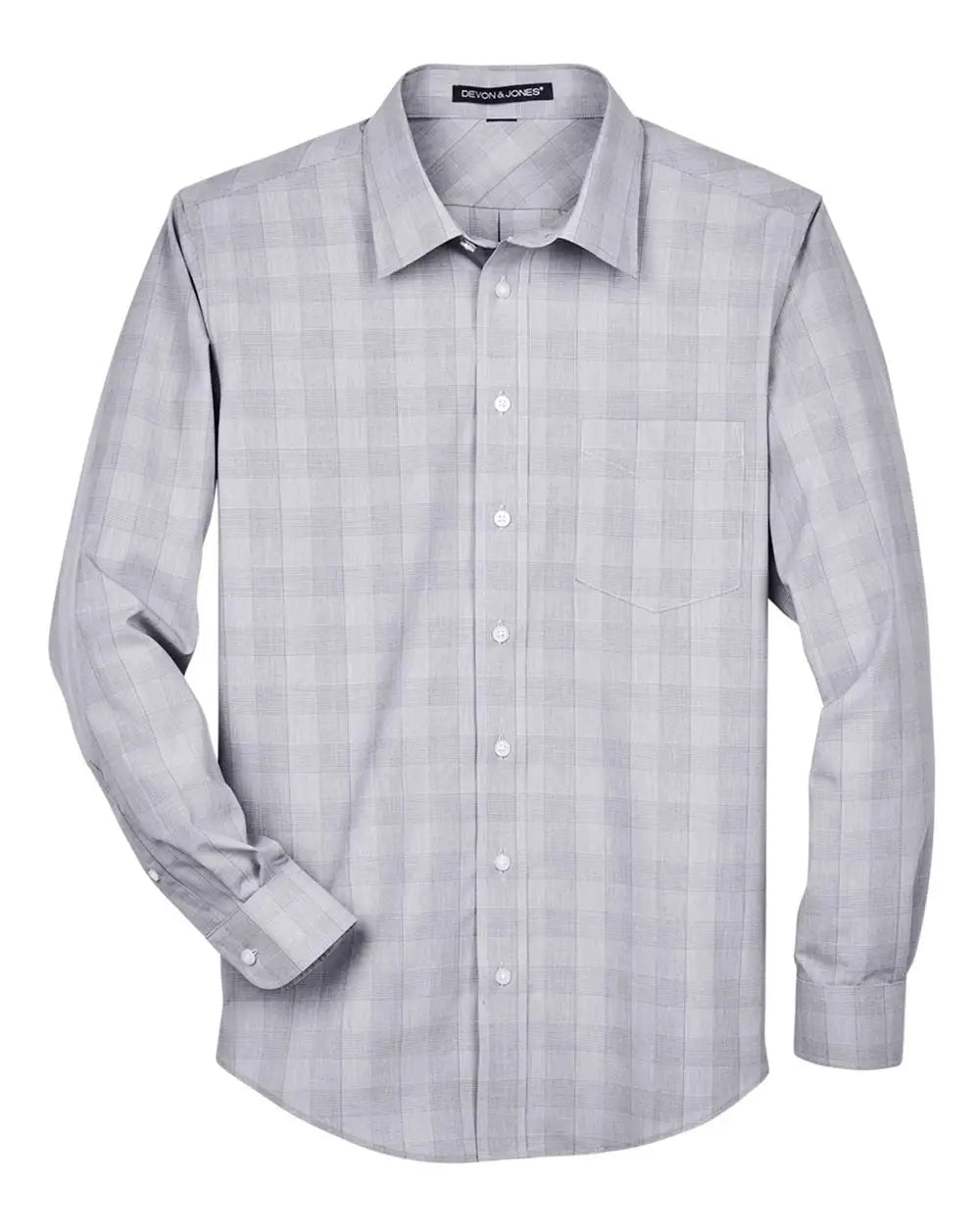 Devon & Jones Dg520 Men’s Crown Collection Glen Plaid Woven Dress Shirt - White Graphite Light Gray