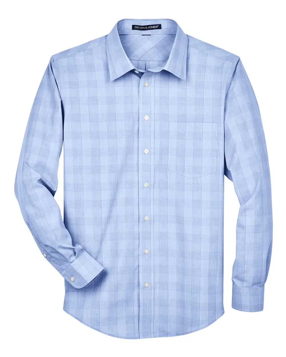 Devon & Jones Dg520 Men’s Crown Collection Glen Plaid Woven Dress Shirt - White Light French Blue