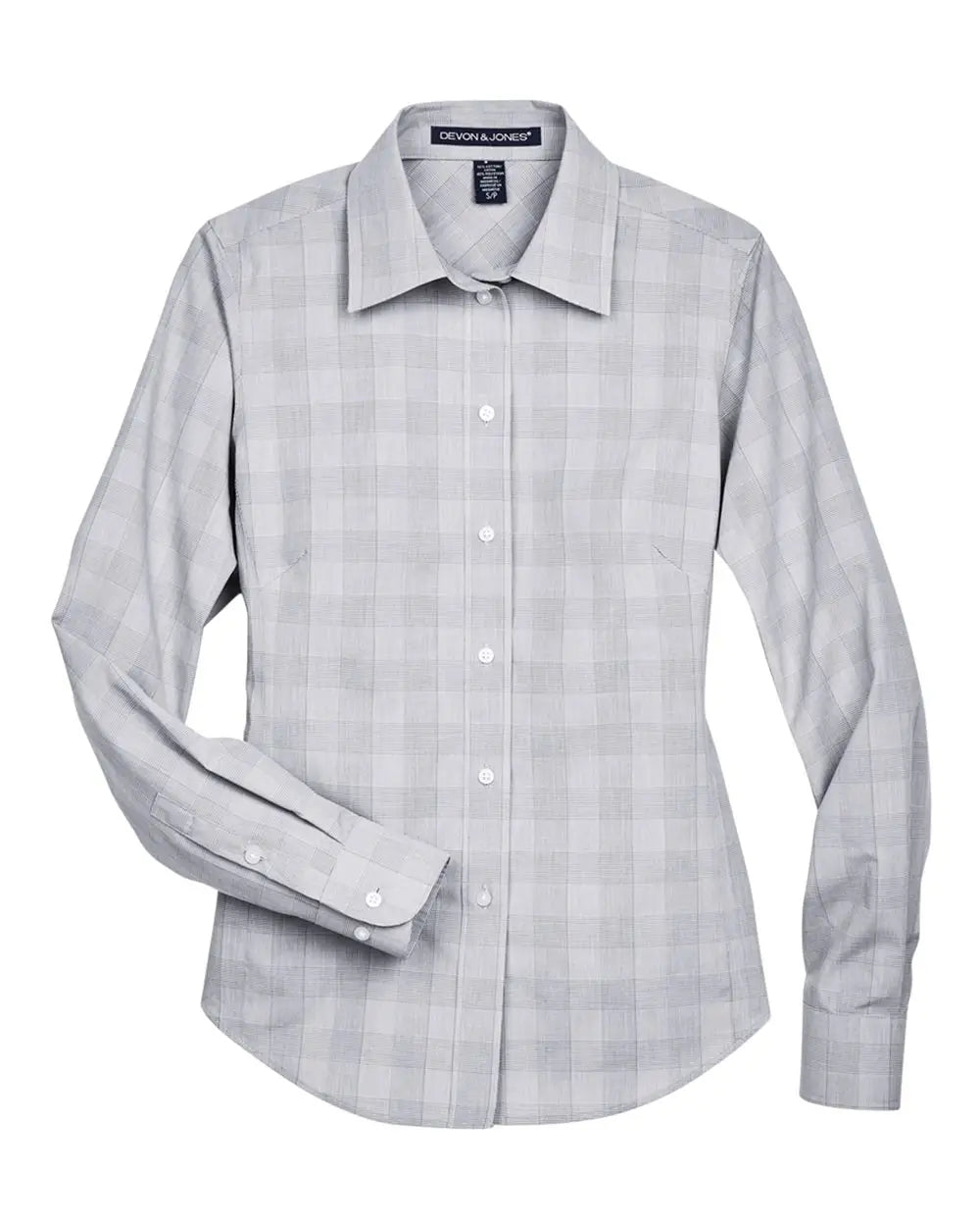 Devon & Jones Dg520w Women's Crown Collection Glen Plaid Woven Dress Shirt - White Graphite Light Gray - White/