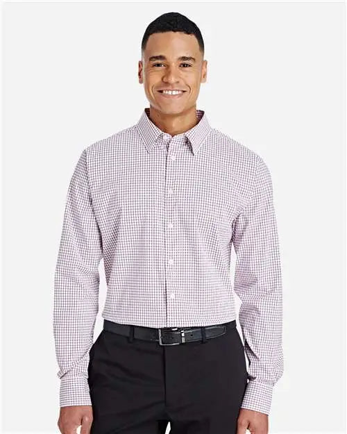 Devon & Jones Dg540 Men’s Crownlux Performanceâ Micro Windowpane Woven Dress Shirt - Burgundy White