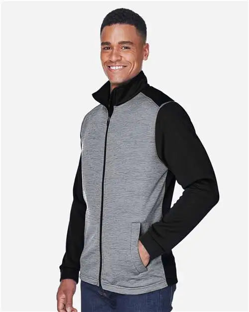 Devon & Jones Dg796 Men’s Newbury Colorblock Mãlange Fleece Full-zip Jacket - Black Heather Dark Grey
