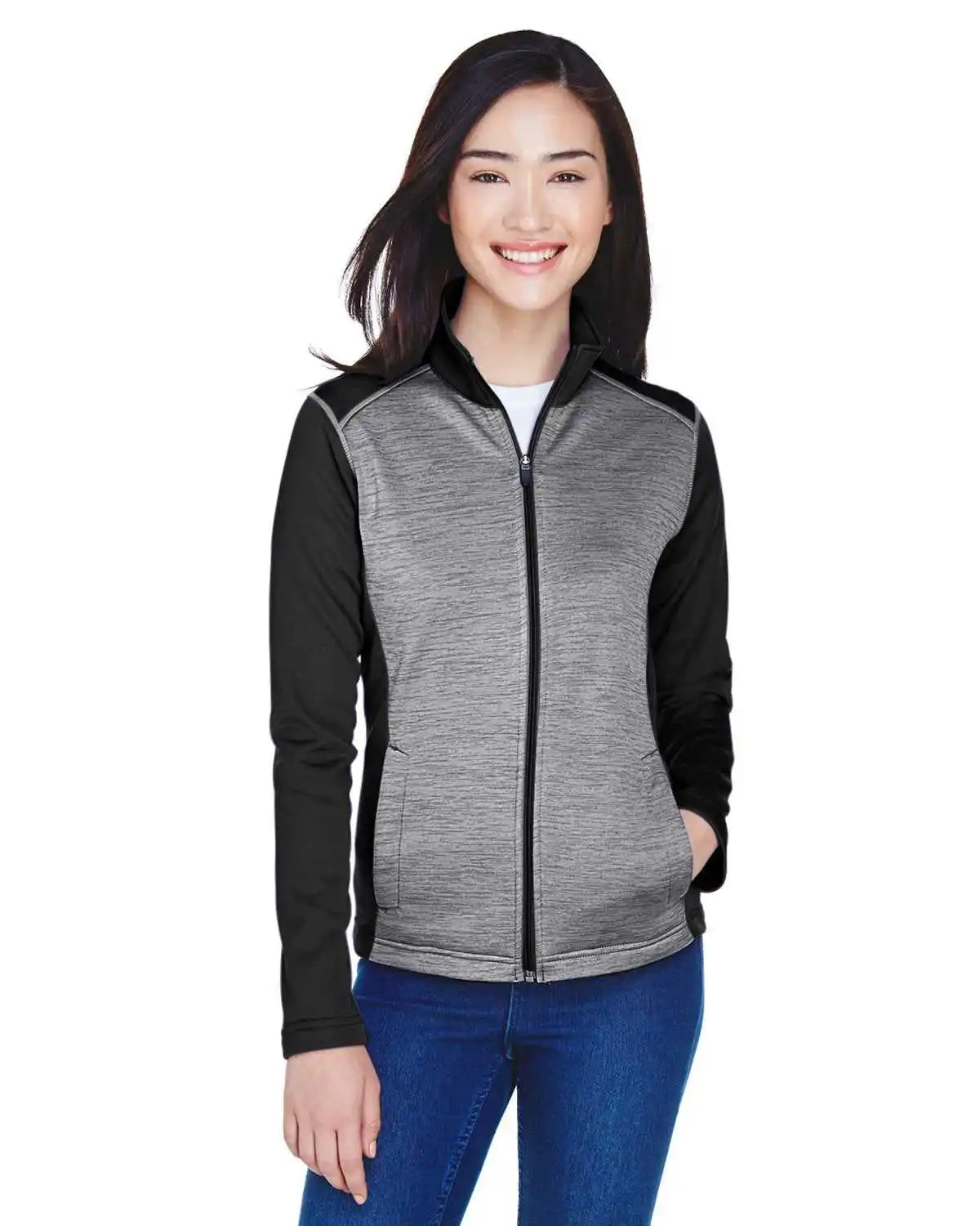 Devon & Jones Dg796w Ladies’ Newbury Colorblock Mlange Fleece Full-zip - Black Heather Dark Gray