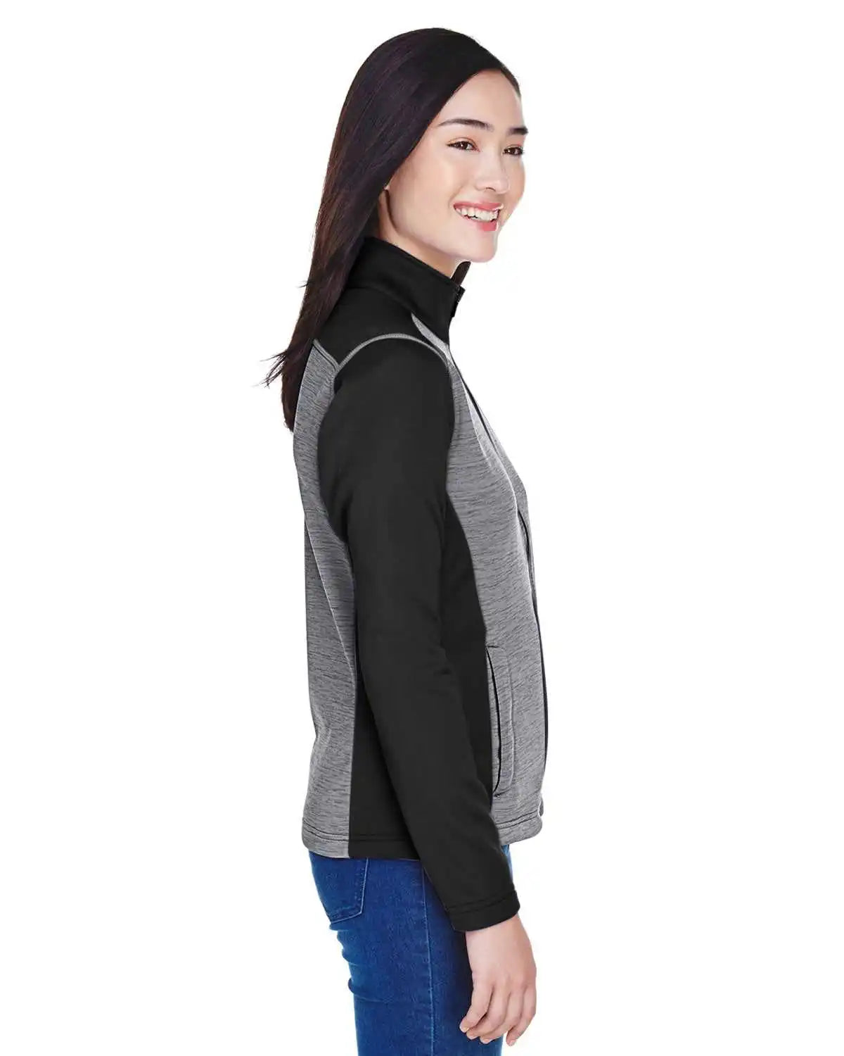 Devon & Jones Dg796w Ladies’ Newbury Colorblock Mlange Fleece Full-zip - Black Heather Dark Gray