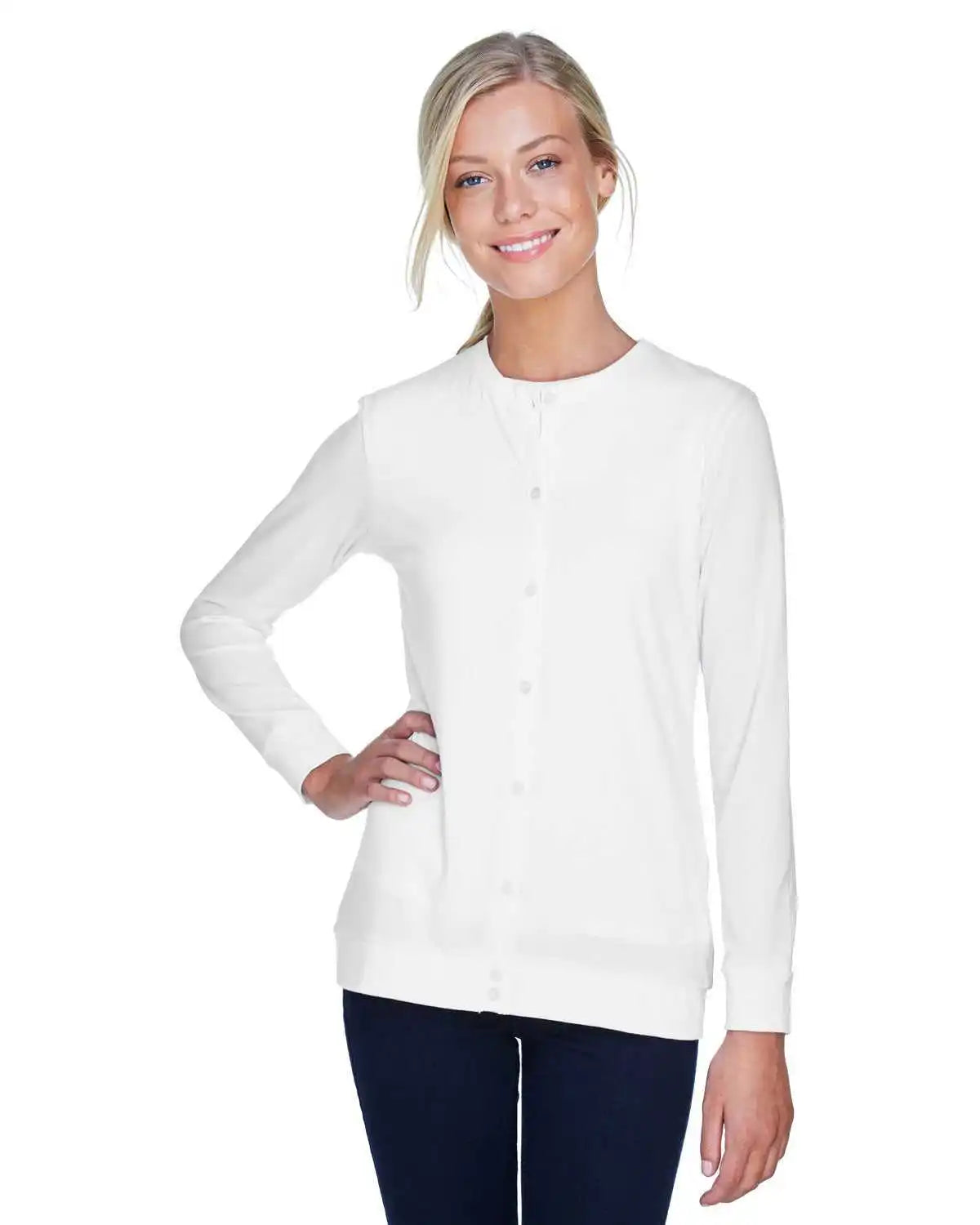 Devon &amp; Jones Dp181w Ladies’ Perfect Fit Ribbon Cardigan - White