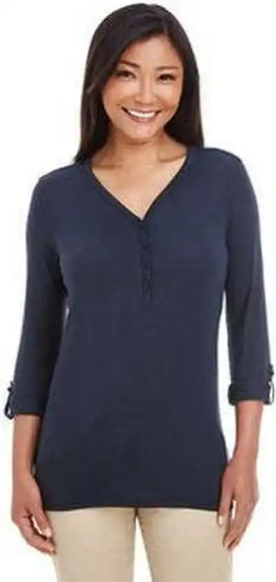 Devon & Jones Dp186w Ladies’ Perfect Fit Y-placket Convertible Sleeve Knit Top - Navy