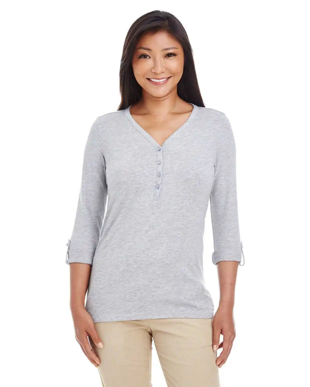 Devon &amp; Jones Dp186w Ladies’ Perfect Fit Y-placket Convertible Sleeve Knit Top - Gray Heather