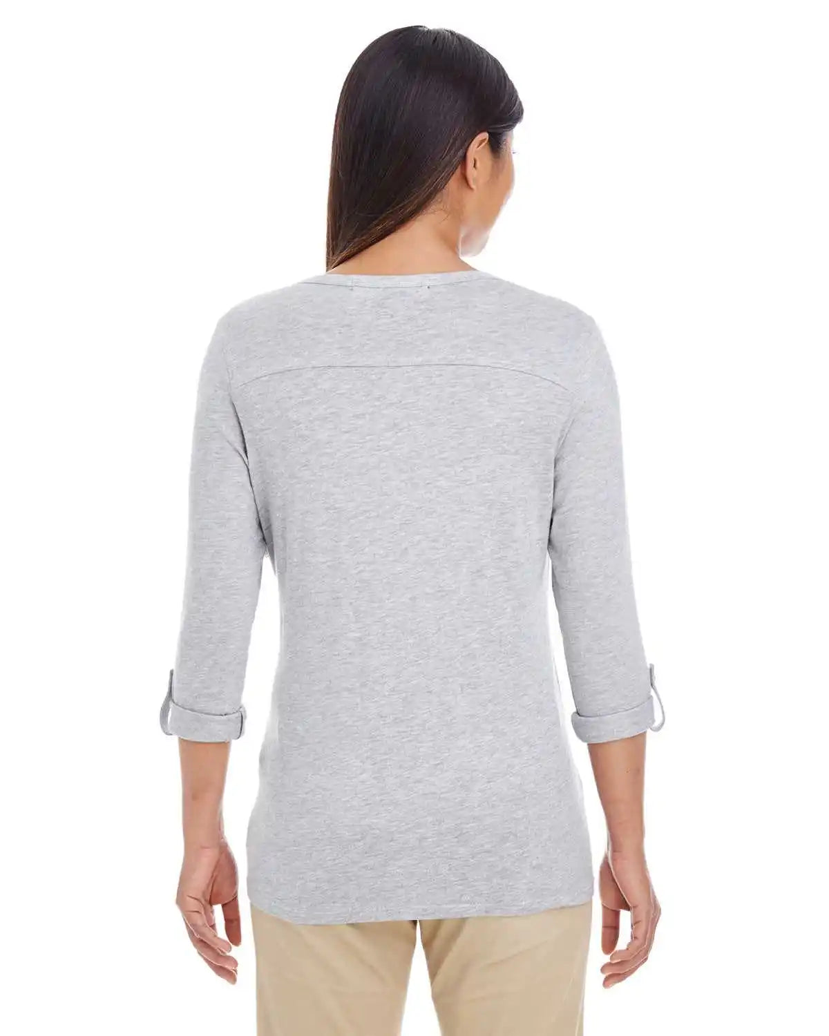 Devon &amp; Jones Dp186w Ladies’ Perfect Fit Y-placket Convertible Sleeve Knit Top - Gray Heather