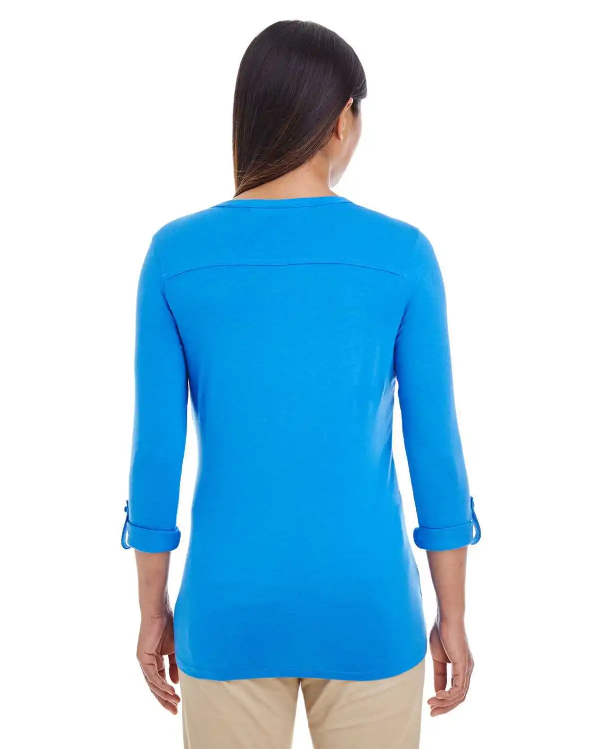 Devon &amp; Jones Dp186w Ladies’ Perfect Fit Y-placket Convertible Sleeve Knit Top - French Blue