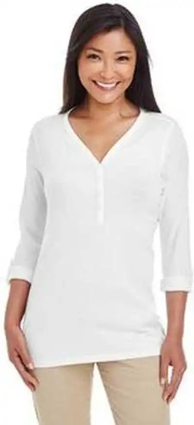 Devon & Jones Dp186w Ladies’ Perfect Fit Y-placket Convertible Sleeve Knit Top - White