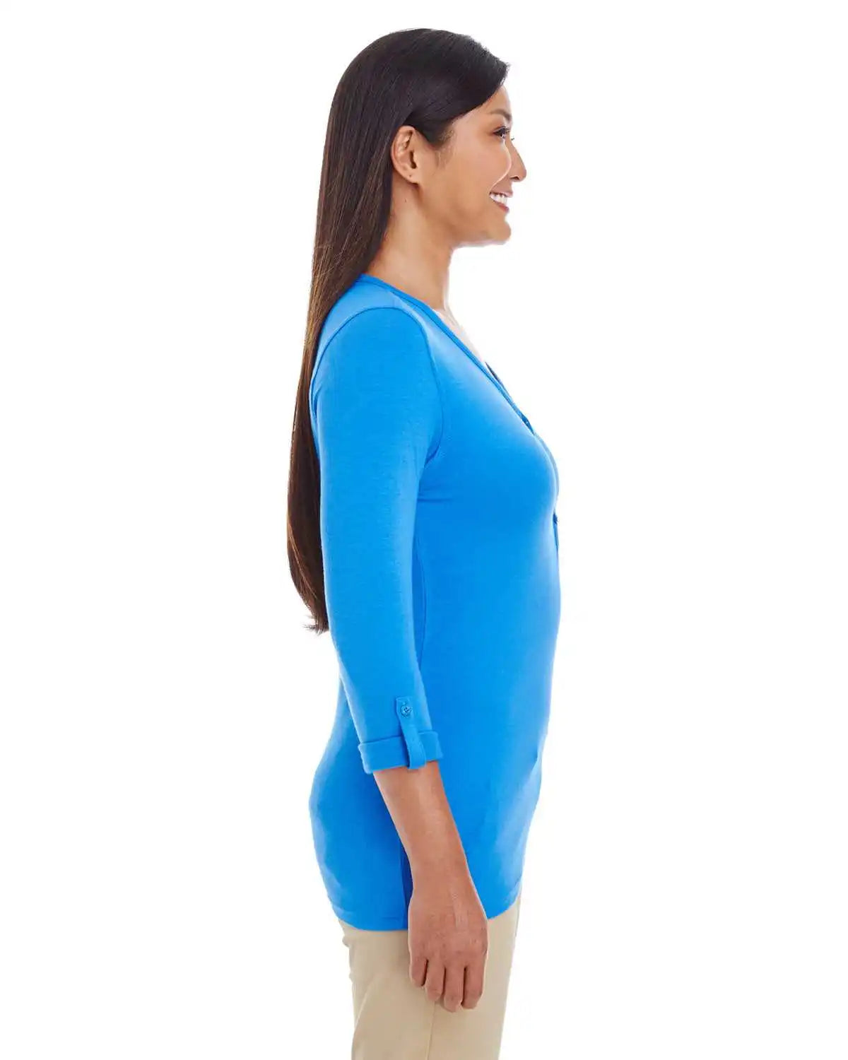 Devon & Jones Dp186w Ladies’ Perfect Fit Y-placket Convertible Sleeve Knit Top - French Blue