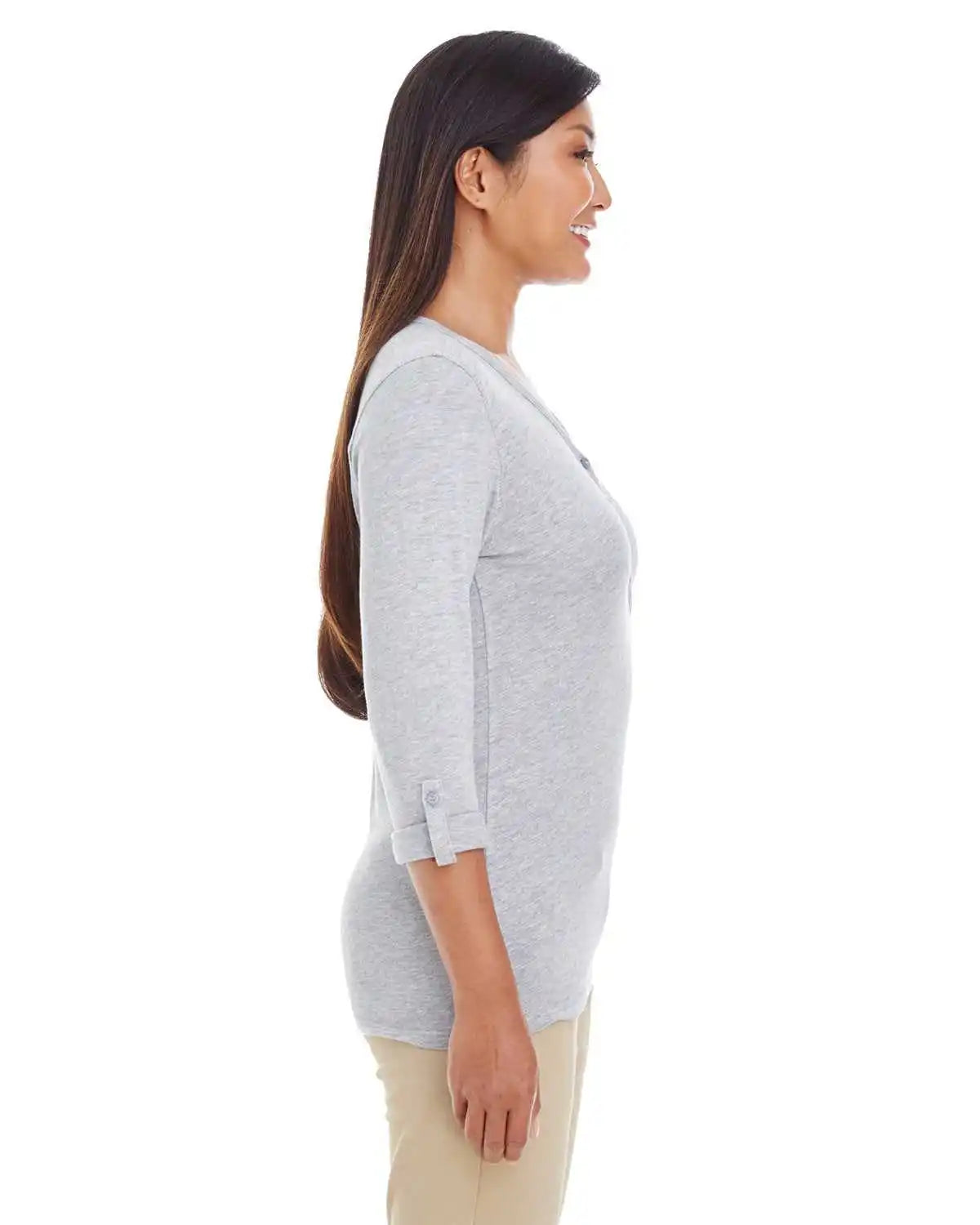 Devon &amp; Jones Dp186w Ladies’ Perfect Fit Y-placket Convertible Sleeve Knit Top - Gray Heather