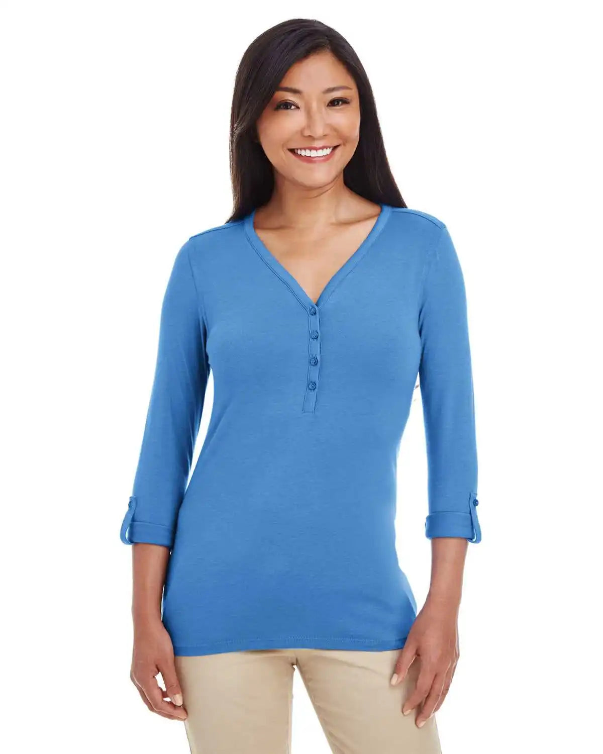 Devon & Jones Dp186w Ladies’ Perfect Fit Y-placket Convertible Sleeve Knit Top - French Blue