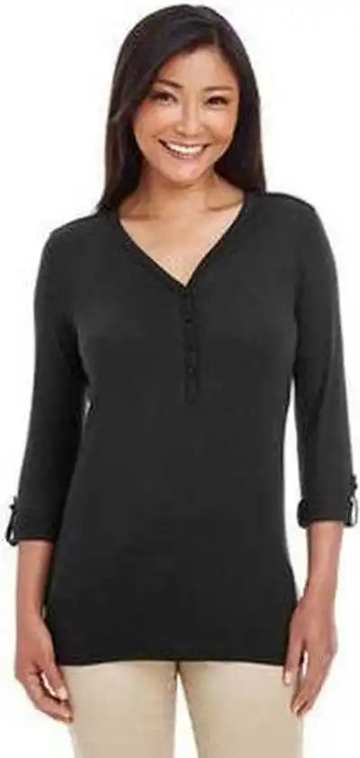 Devon &amp; Jones Dp186w Ladies’ Perfect Fit Y-placket Convertible Sleeve Knit Top - Black