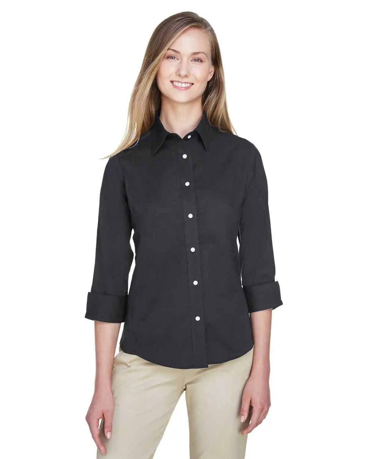 Devon & Jones Dp625w Ladies’ Perfect Fit 3/4 Sleeve Stretch Poplin Blouse - Black - Ladies Xs