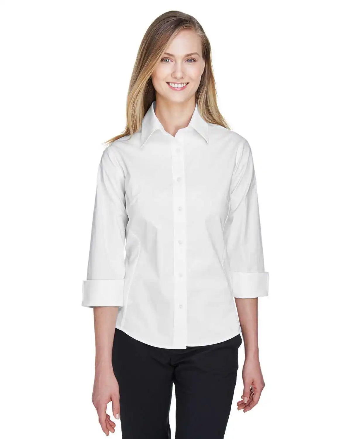 Devon &amp; Jones Dp625w Ladies’ Perfect Fit 3/4 Sleeve Stretch Poplin Blouse - White