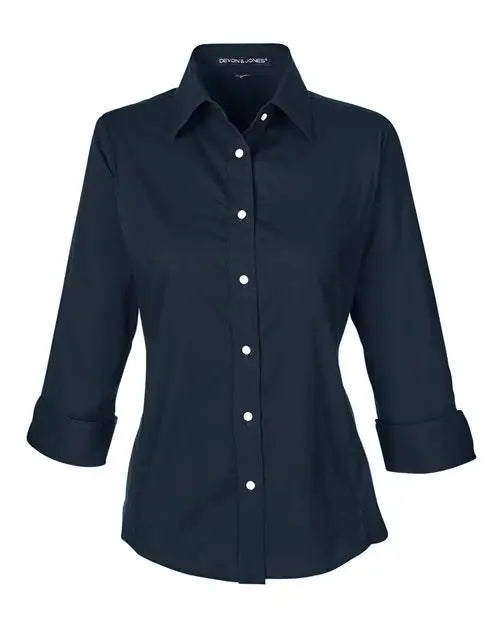 Devon & Jones Dp625w Women’s Perfect Fit Three-quarter Sleeve Stretch Poplin Dress Shirt - Navy