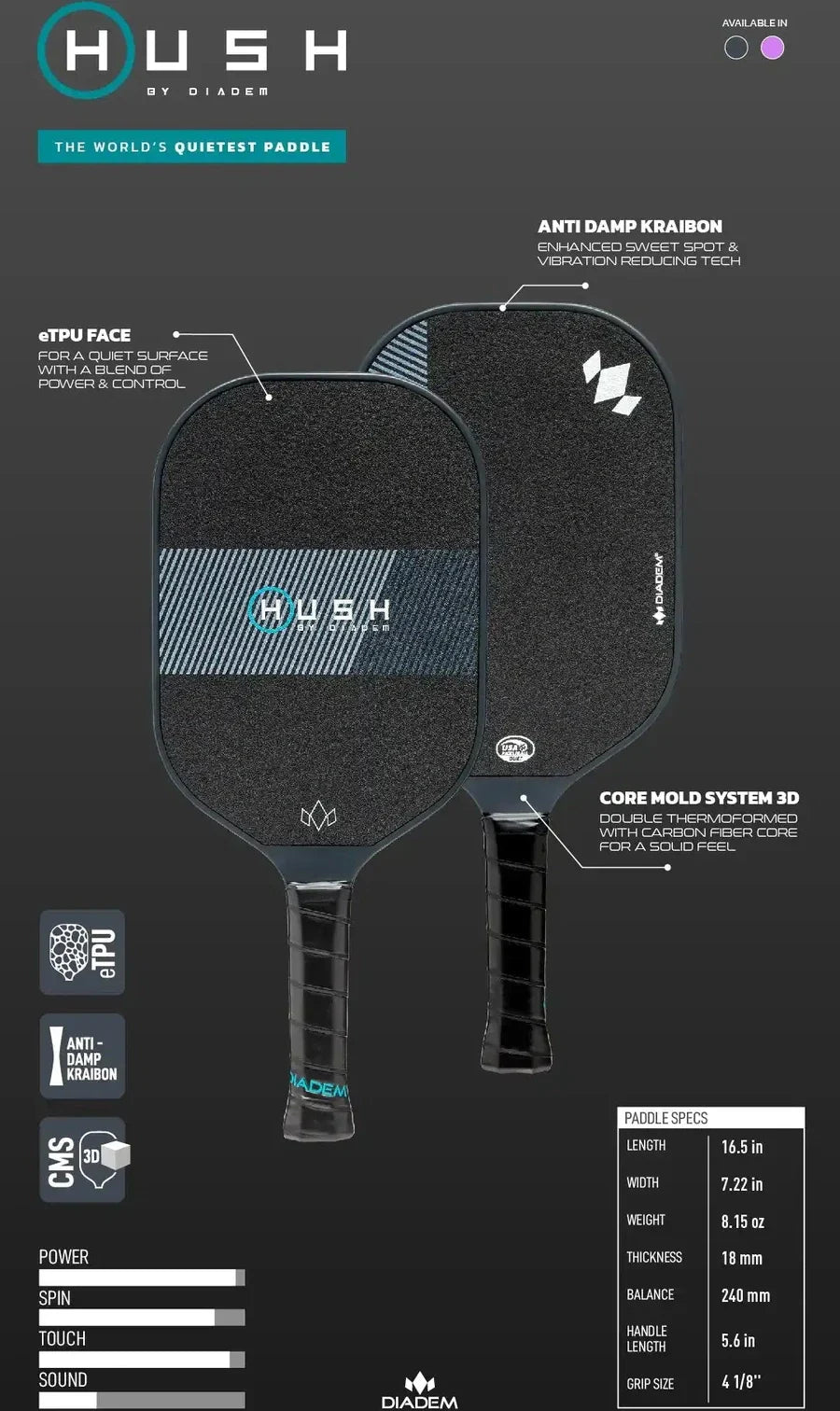 Diadem Hush Pickleball Paddle (black)