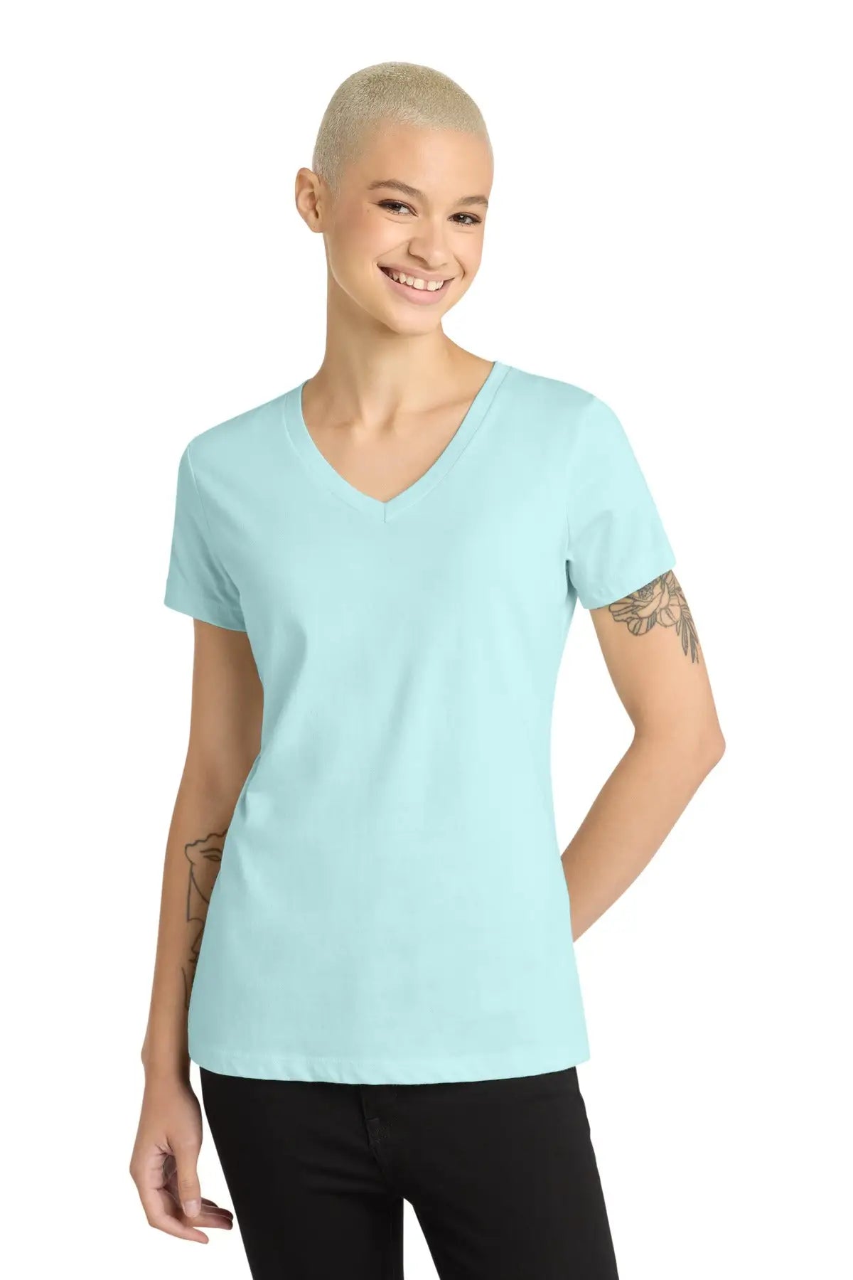 District Dm1170l Women’s Perfect Weight V-neck Tee - Seaglass Blue